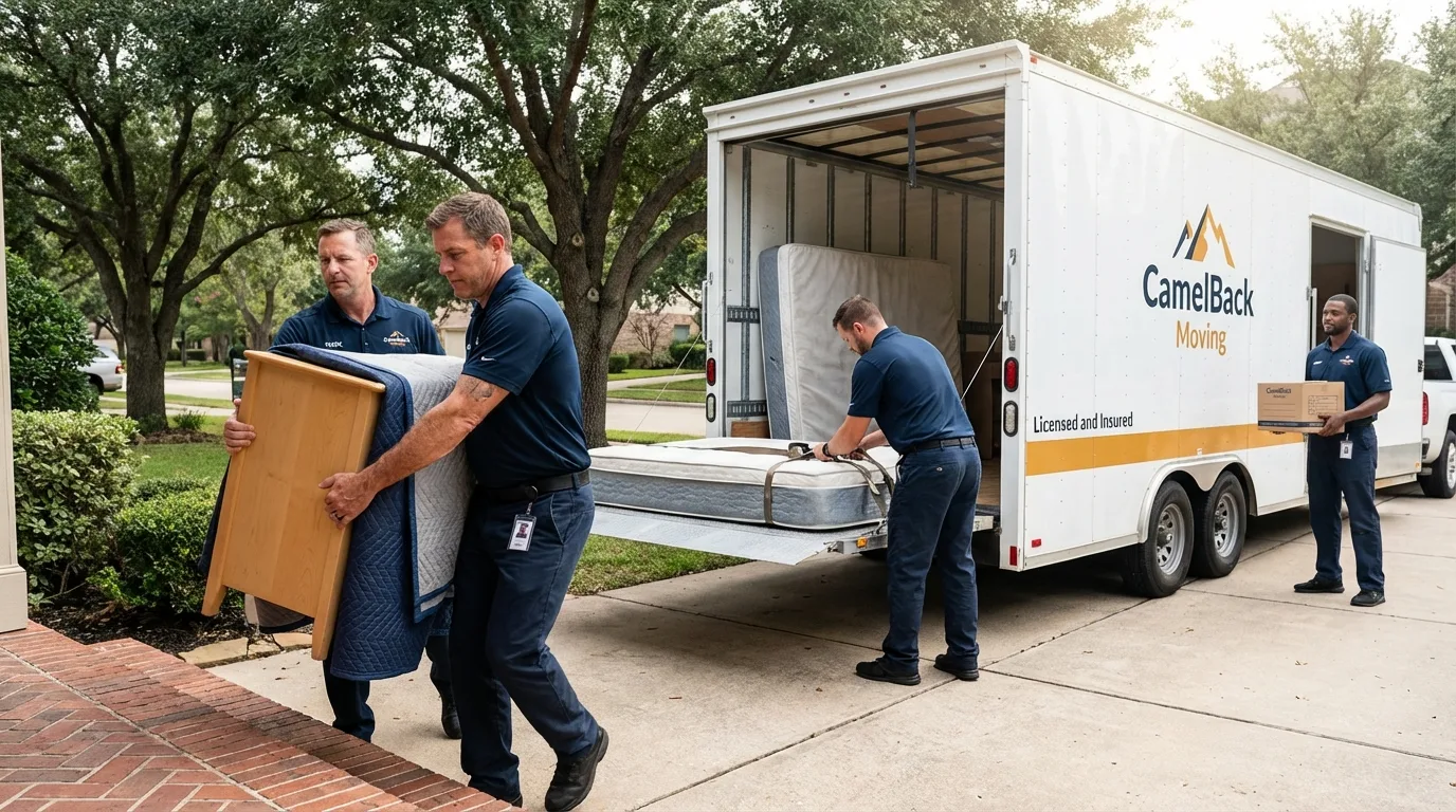 Crew loading residential truck for cross-state move from Corrales, NM