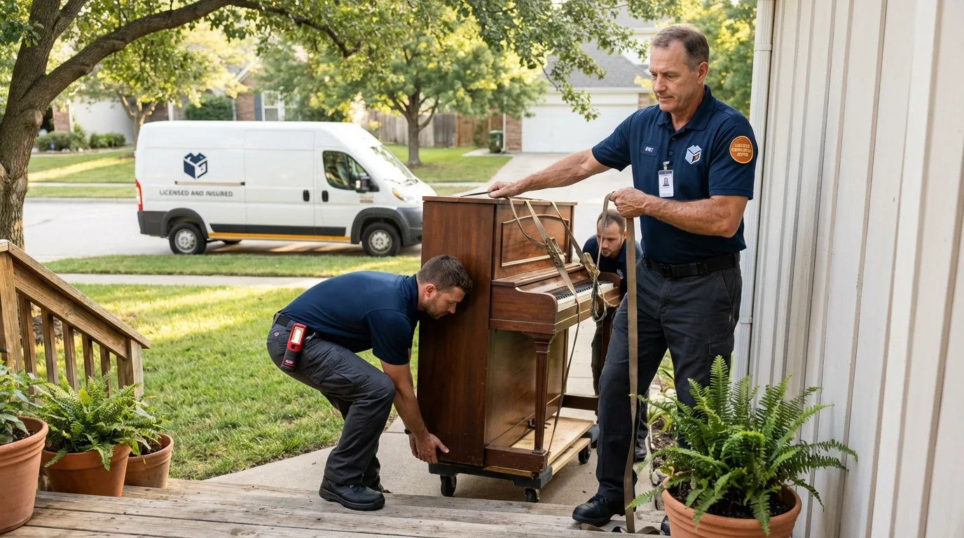 Licensed piano movers securing grand piano in Corrales, NM
