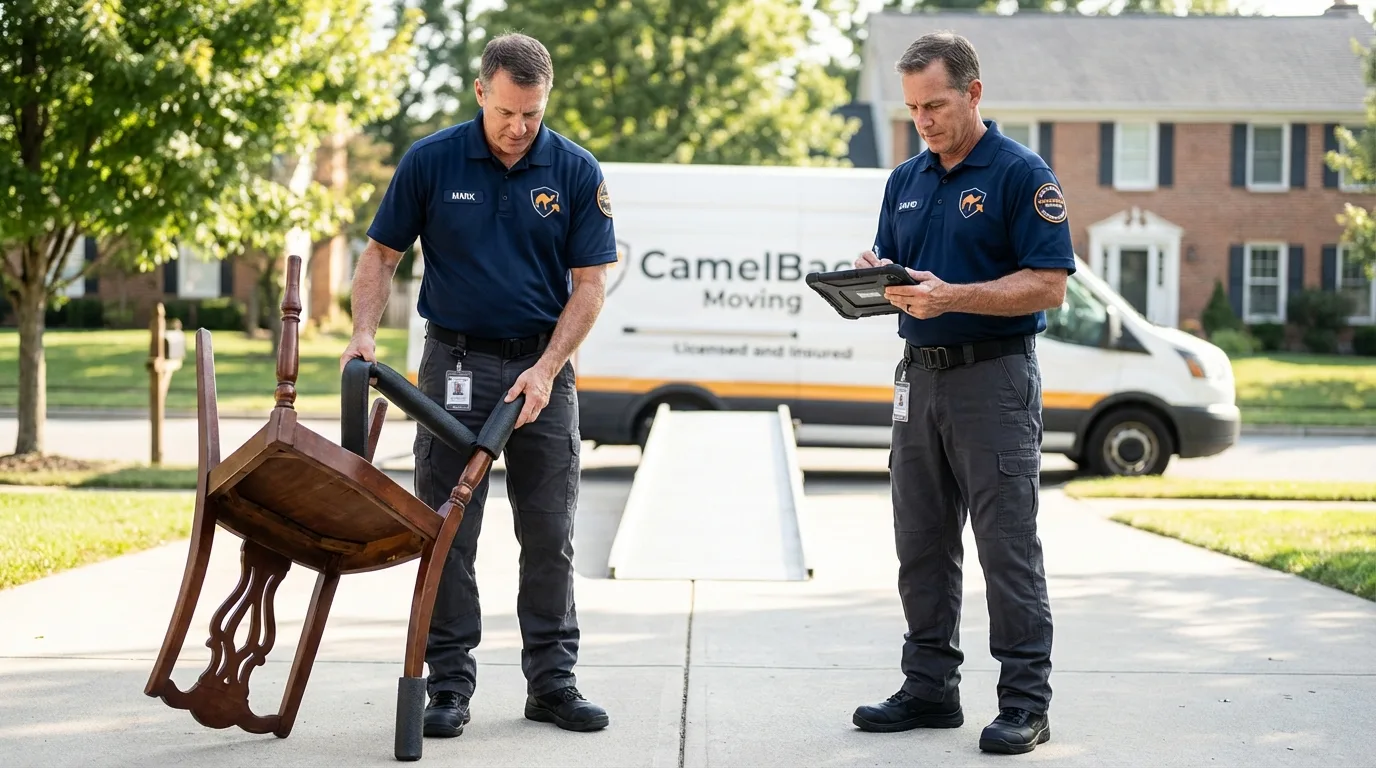Movers inspecting furniture for damage prevention before loading in Corrales, NM