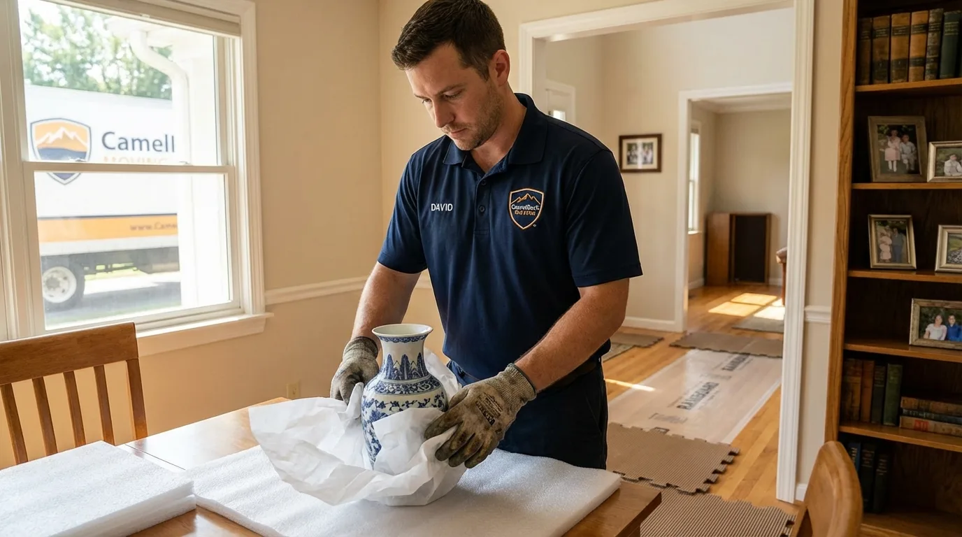Professional crew carefully wrapping antique vase for senior downsizing move in Corrales, NM