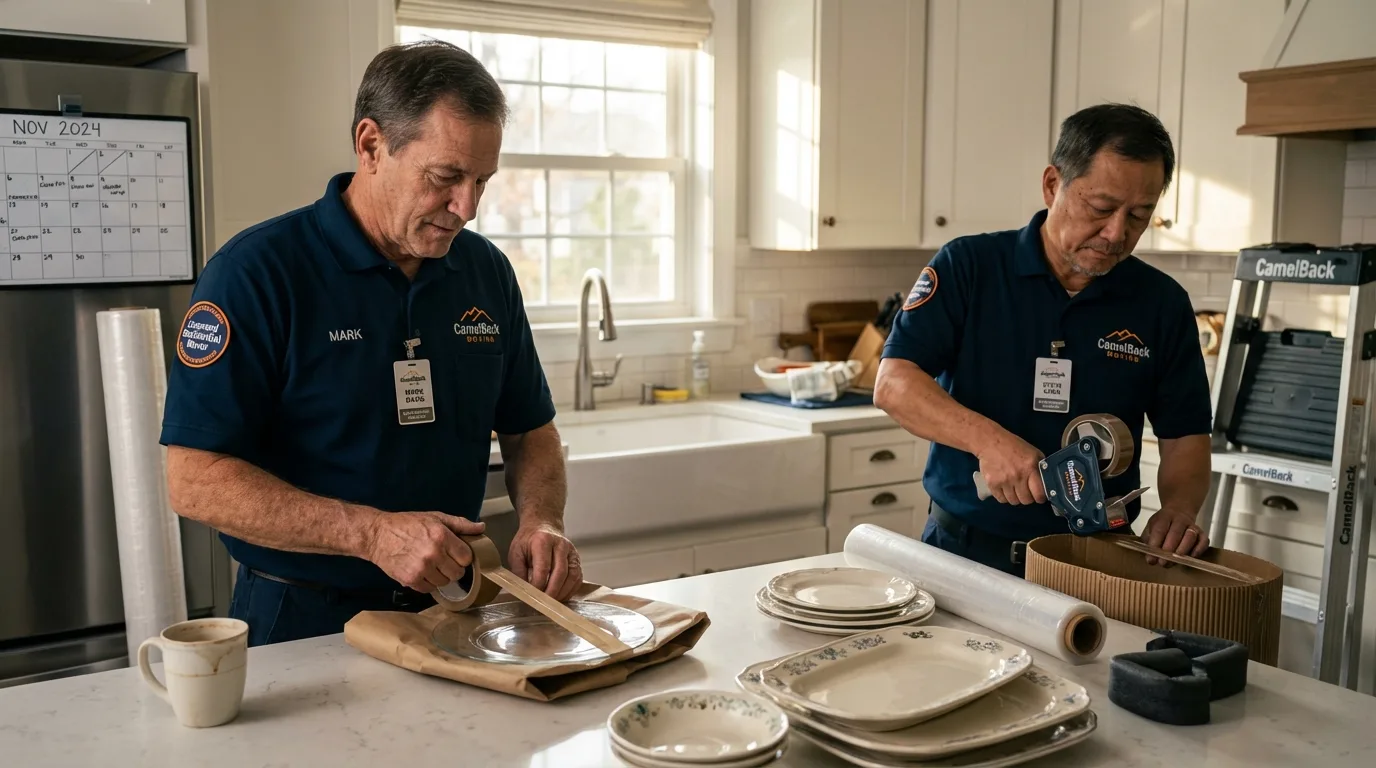 Professional crew packing kitchen dishware in Corrales, NM